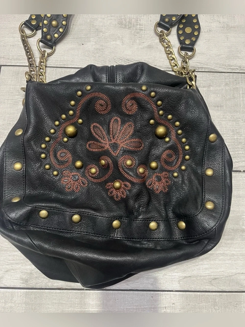 Kate Landry Black Leather Shoulder Bag with Brown Embroidered Floral Detail